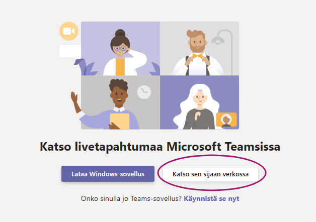 Microsoft Teamsin www-sivu, missä on valittavana virtuaalitapahtuman erilaiset liittymislinkit.