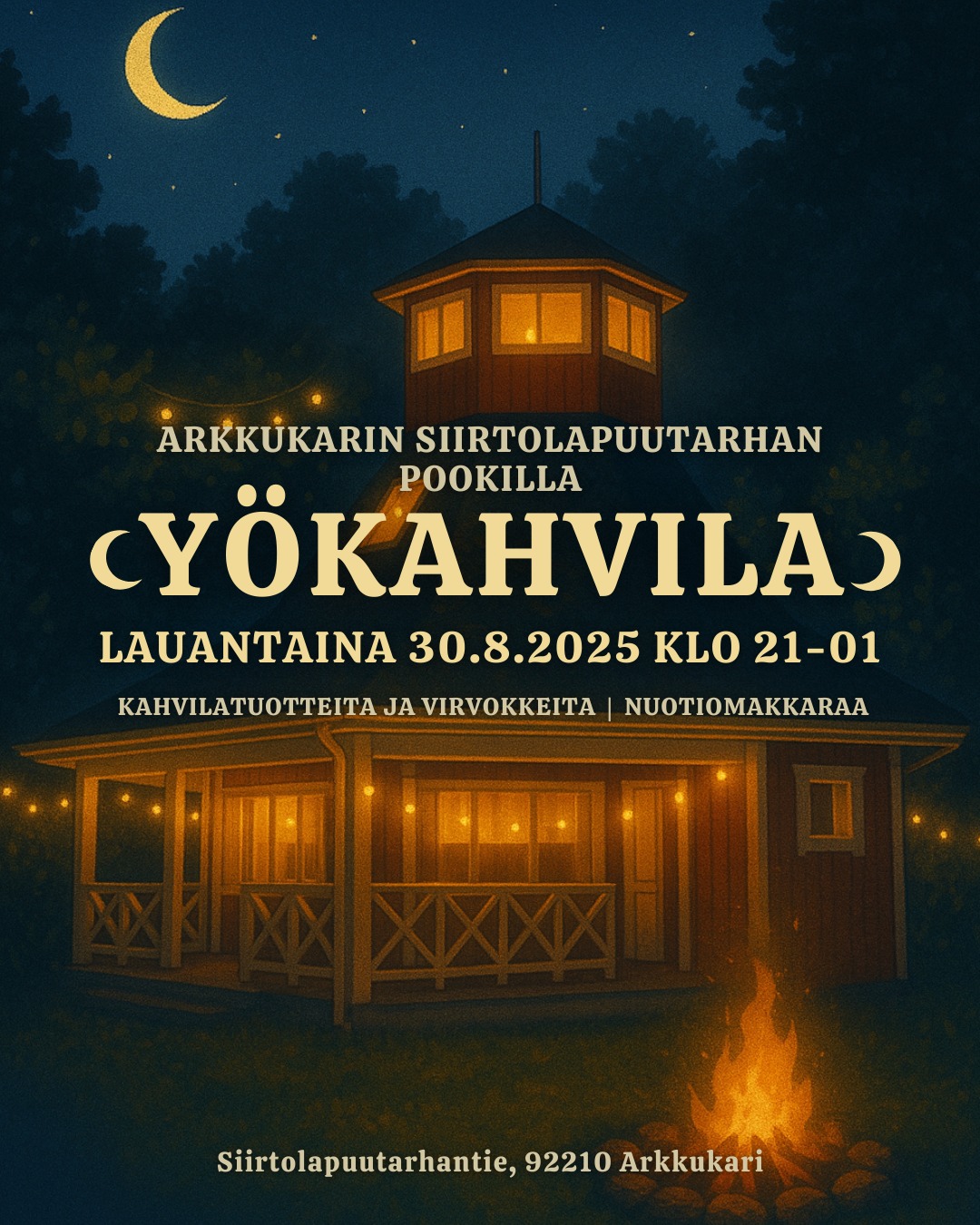 Yökahvila Arkkukarin siirtolapuutarhan pookilla.