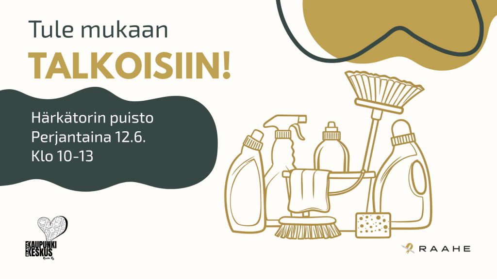 Graafinen kuva, jossa teksti: tule mukaan talkoisiin! Härkätorin puisto 12.6. klo 10-13