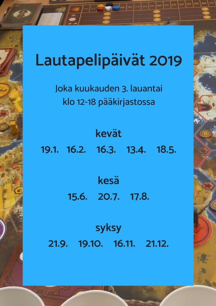 Vuoden 2019 lautapelipäivät. Kuva: Raahen kirjasto. Lautapelipäivät -juliste.