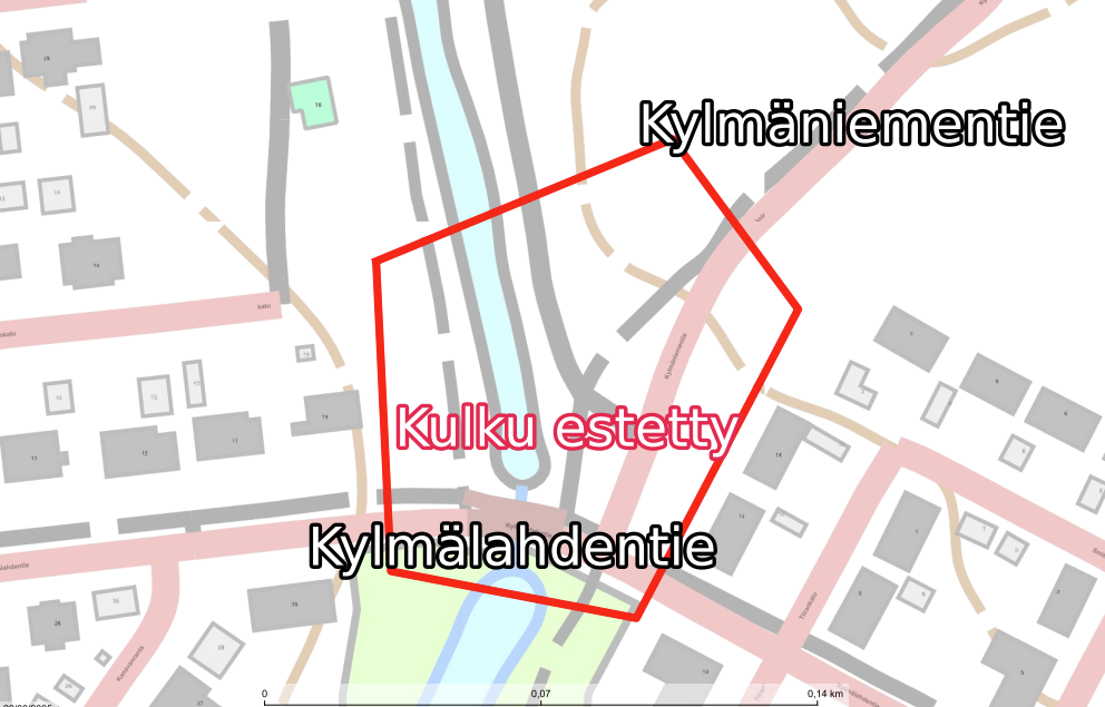 Työmaa-alueen ja kulkurajoitteen kartta. Kartta työmaa-alueesta.