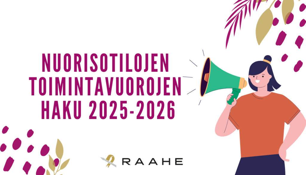 Nuorisotilojen toimintavuorojen haku 2025-2026 teksti, jonka vieressä oranssipaitainen piirretty nainen pitelee kädessään vihreää megafonia.