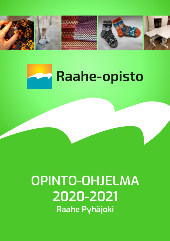 Raahe-opiston opinto-ohjelman kansikuvassa vihreällä pohjalla logo ja näyttelytöiden kuvia