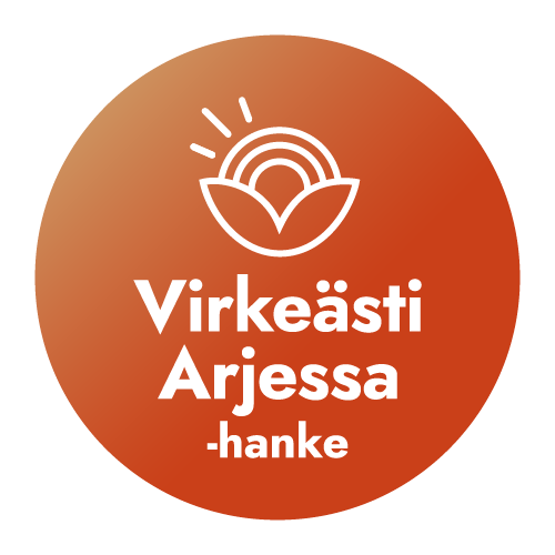 Oranssilla pohjalla oleva logo, jossa lukee virkeästi arjessa-hanke.