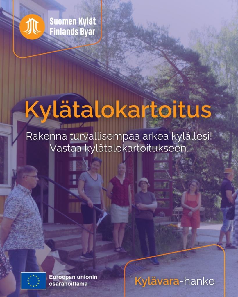 Kuvassa teksti: Kylävarakartoitus ja kuva kylätalosta, jossa ihmisiä verannalla.