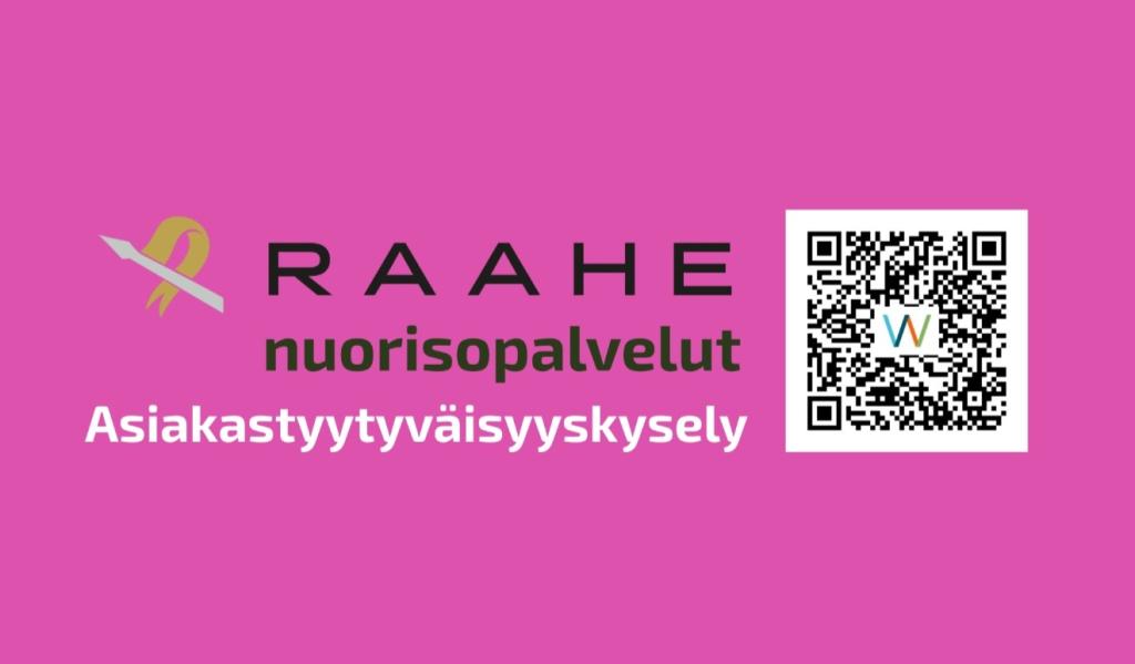 Teksti: Raahe nuorisopalvelut, asiakastyytyväisyyskysely. QR-koodi, joka johtaa kyselyyn.