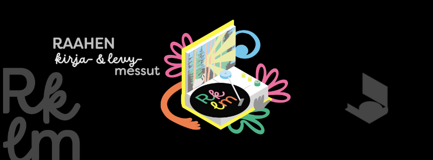 Raahen kirja- ja levymessujen kuvituskuva, jossa on värikäs kirja ja levysoitin.