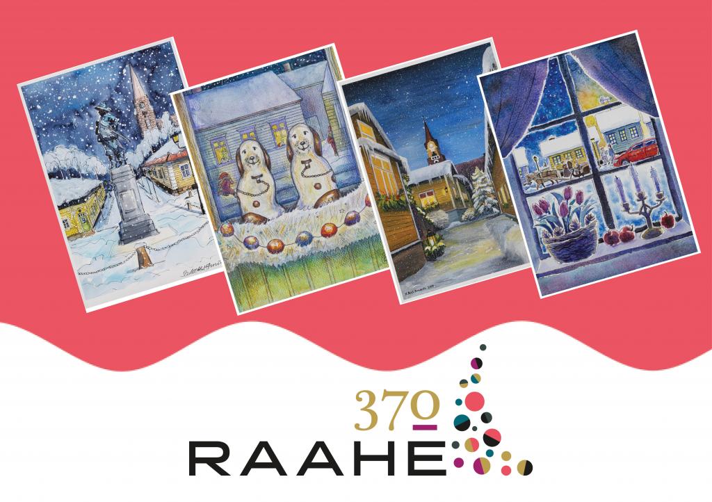 Neljä joulukorttia Wanhan Raahen tunnelmalla, etualalla Raahe 370-juhlavuoden logo.