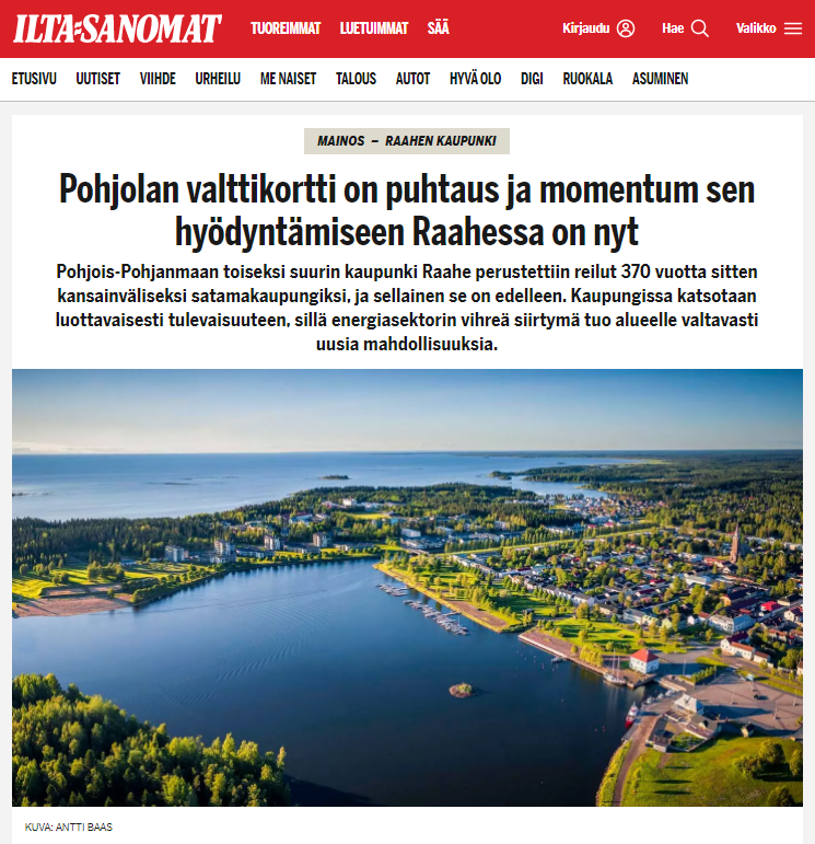 Kuvakaappaus Raahen natiivikampanjasta Ilta-Sanomien kotisivuilta.