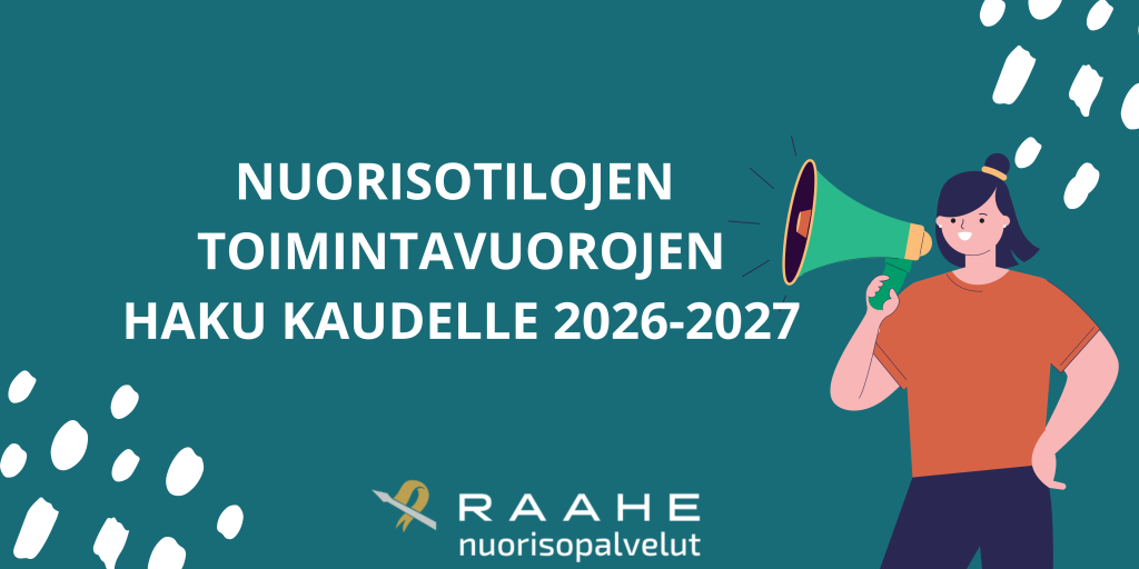 Turkoosilla pohjalla  nuorisopalveluiden toimintavuorojen haku teksti ja oikeassa laidassa piirretty tyttö, jolla megafoni.