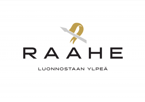 Logossa vahva Raahe-teksti, minkä yläpuolella tyylitelty kaupungin viiri.