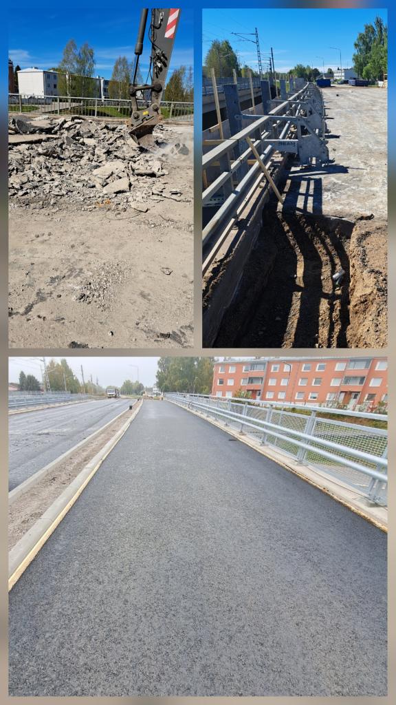 Kuvakollaasi Ratakadun sillan remontin vaiheista.