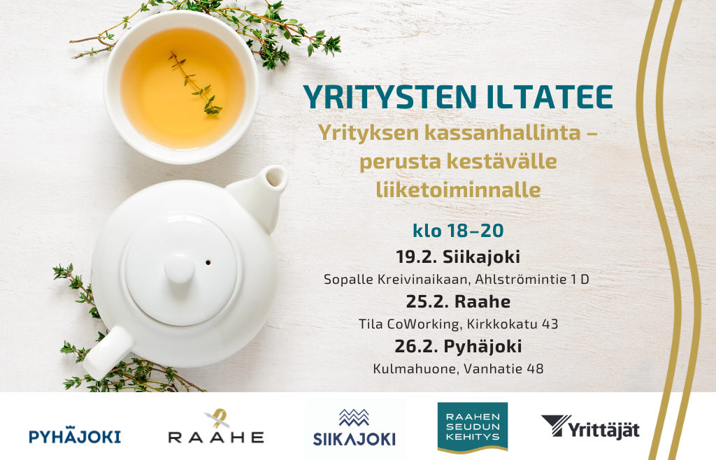 Tilaisuuden nimi, päivämäärät, kuntien logot ja taustalla teekuppi ja -pannu.