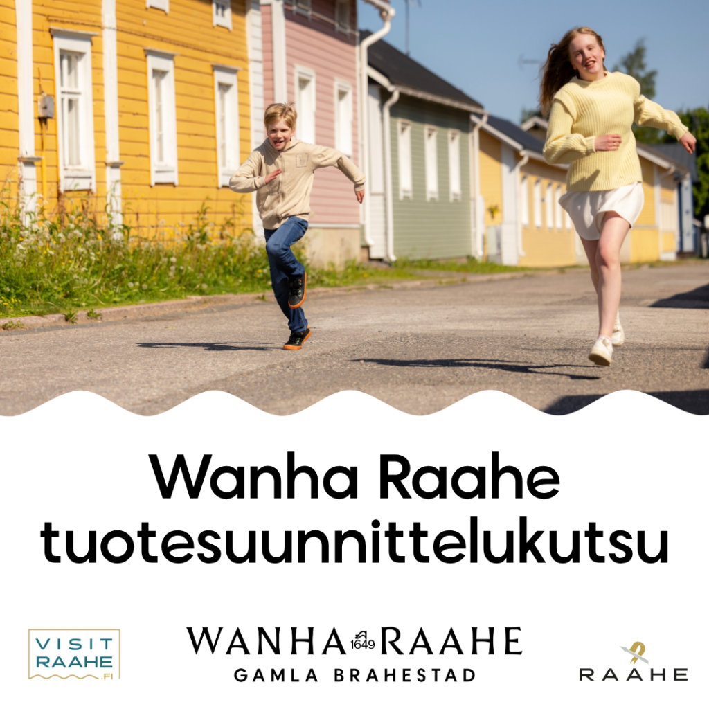 Wanha Raahe -tuotesuunnittelukutsu. Kaksi lasta juoksee vanhan kaupungin kaduilla.