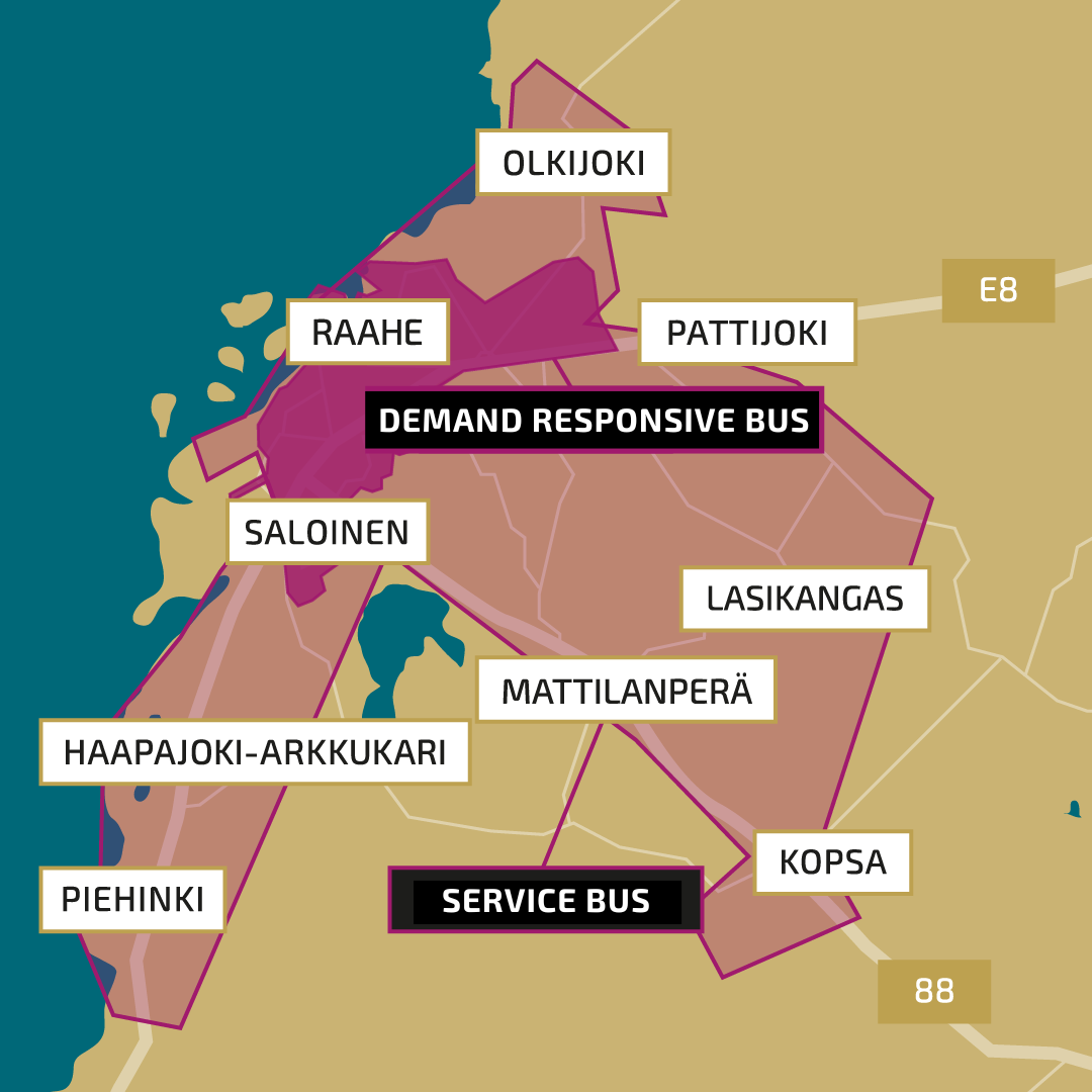 The areas serviced by Raahe-kyyti.