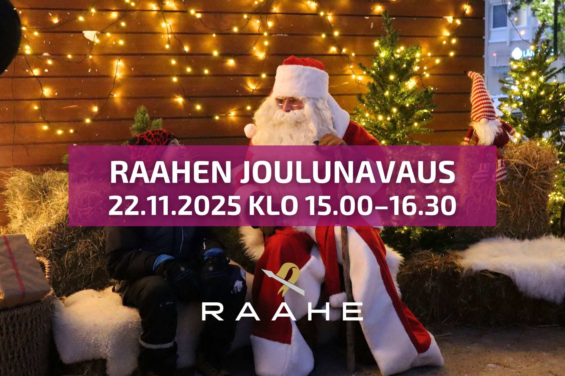 Joulunavauksen mainoskuva. Tapahtuman nimi ja tapahtuma-aika, taustalla joulupukki ja lapsi jouluisessa miljöössä.