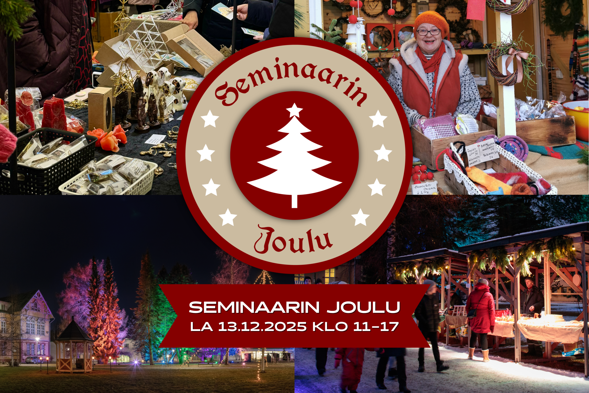 Kuvakollaasi Seminaarin joulusta. Keskellä tapahtuman logo ja tapahtuma-aika.