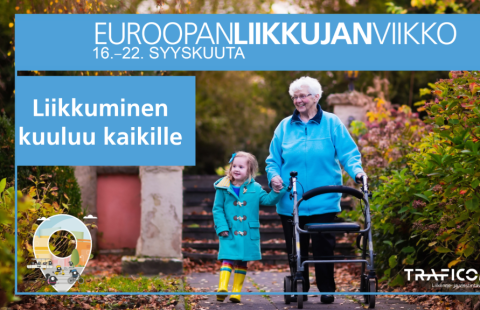 Vanhus ja lapsi kävelevät jalkakäytävällä.