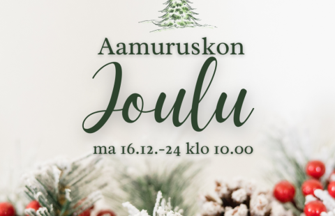 Jouluinen, vihreäsävyinen vaalea kuva, jossa käpy, havuja ja marjoja. 