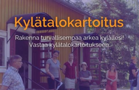 Kuvassa teksti: Kylävarakartoitus ja kuva kylätalosta, jossa ihmisiä verannalla.