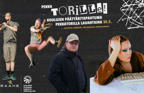 Kuvassa on neljä nuorta henkilöä, joista kaksi soittaa soittimilla. Tyttö on tietokoneella.