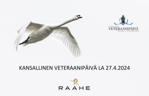 Kuvassa lentävä joutsen, veteraanipäivän sekä Raahen kaupungin logot.