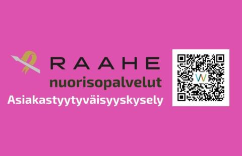 Teksti: Raahe nuorisopalvelut, asiakastyytyväisyyskysely. QR-koodi, joka johtaa kyselyyn.