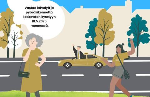 Kyselyn mainoskuva, jossa piirrettyjä hahmoja kaupunkiympäristössä.
