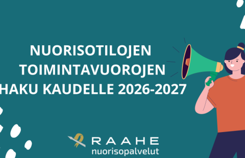 Turkoosilla pohjalla  nuorisopalveluiden toimintavuorojen haku teksti ja oikeassa laidassa piirretty tyttö, jolla megafoni.