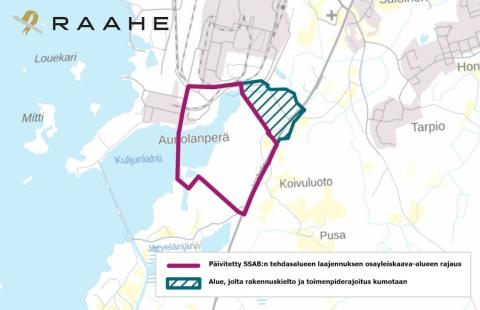 Rakennuskieltoalueen rajaus taustakartalla.