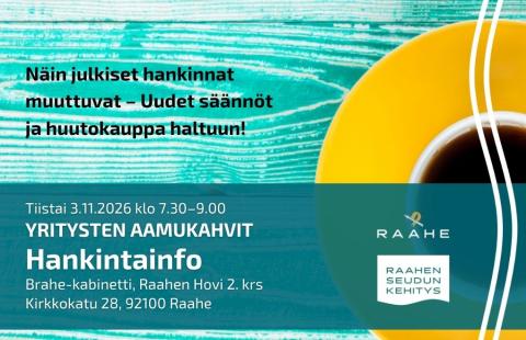Hankintainfon tiedot ja taustalla keltainen kahvikuppi.