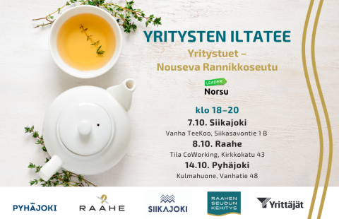 Yritysten iltateen aikataulu ja Raahen seutukunnan logot. Taustalla teekuppi ja -pannu.