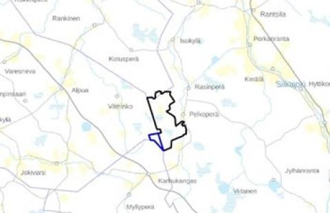 Peuranevan aurinko- ja tuulivoimapuisto osayleiskaavan rajaus. (Kuva: Raahen kaupunki 2024.) Taustakartalla esitettynä osayleiskaavanraja