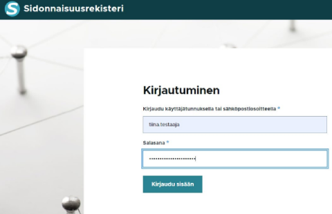 Sidonnaisuusrekisteri-järjestelmän kirjautumissivu.